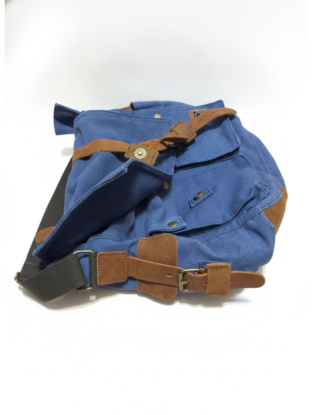 Sechunk Messenger Bag Blue Denim Canvas with Brown Leather Trim Aged Hardware - Picture 5 of 6